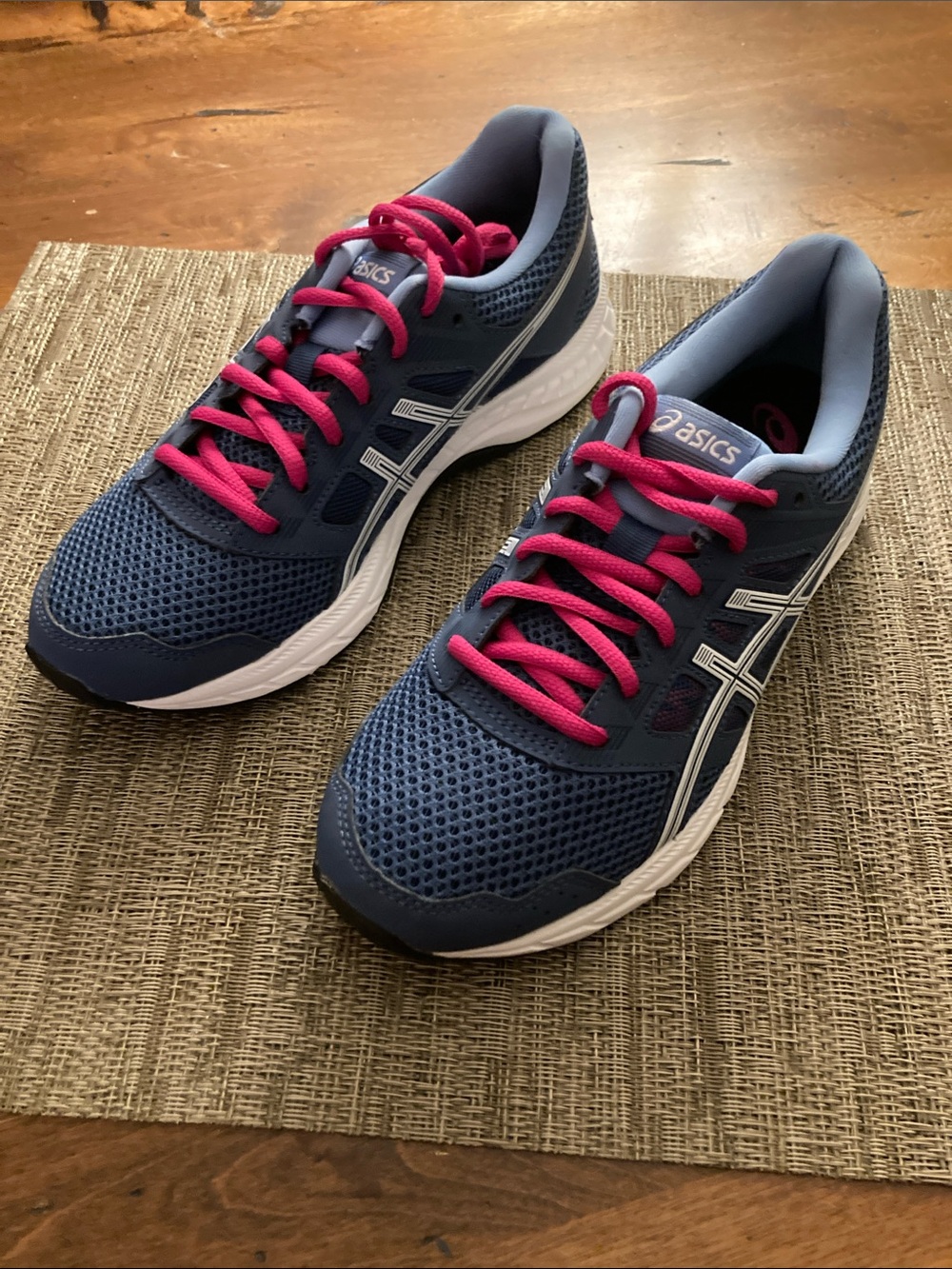 Brand New Asics Blue/Gray Sneakers with Pink Laces and White Accents